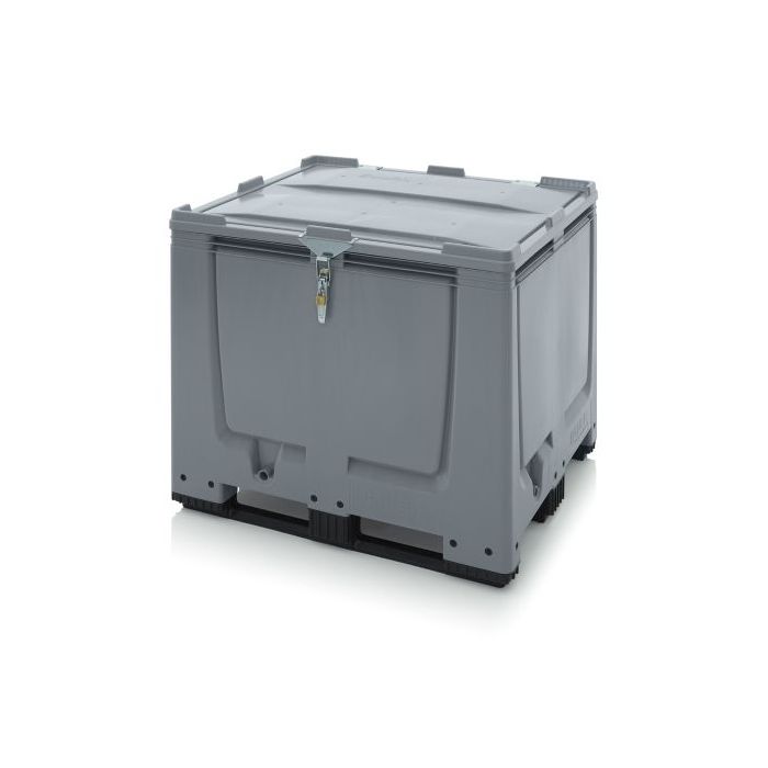 Palletbox met klapdeksel en slot, 120x100x100cm, 3 sleeplatten, inhoud 900 liter, NORAH Plastics, Arnhem, Holland Palletbox met klapdeksel en slot, 120x100x100cm, 3 sleeplatten, inhoud 900 liter, NORAH Plastics, Arnhem, Holland
