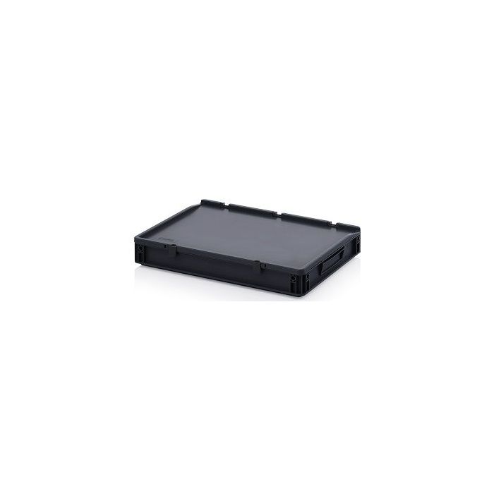 ESD stapelbak met klapdeksel 60x40x9cm, ESD, PP, Zwart, NORAH Plastics ESD stapelbak met klapdeksel 60x40x9cm, ESD, PP, Zwart, NORAH Plastics