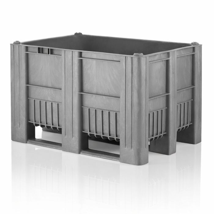 Grijze palletbox 120x80x74cm, uit 1 stuk geproduceerd, 3 sleeplatten, inhoud 470 liter, HDPE, NORAH Plastics