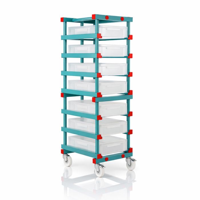 Kunststof bakkenwagen met 8 stapelbakken, 60x40x12cm, WIt, HDPE, NORAH Plastics Kunststof bakkenwagen met 8 stapelbakken, 60x40x12cm, WIt, HDPE, NORAH Plastics