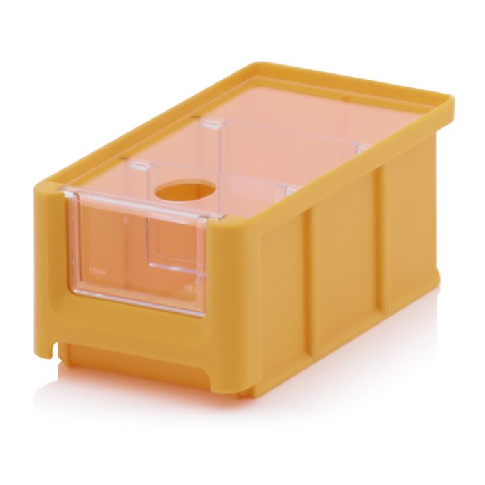 Magazijnbak 16X10,2X7,5cm, inhoud 0,77 liter met insteekvenster, deksel en 2 verdeelschotten, Geel, NORAH Plastics