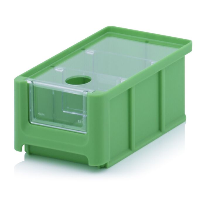 Magazijnbak 16X10,2X7,5cm, inhoud 0,77 liter met insteekvenster, deksel en 2 verdeelschotten, Groen, NORAH Plastics