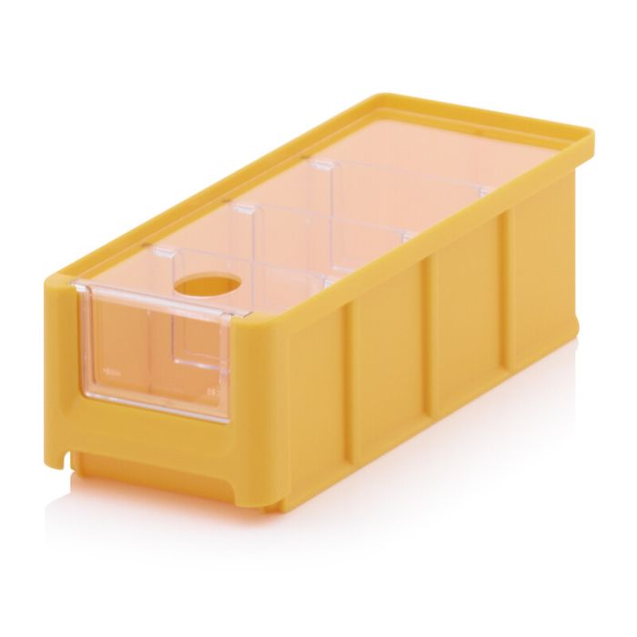 Magazijnbak 21,5X10X7,5cm, inhoud 1,08 liter met insteekvenster, deksel en 3 verdeelschotten, Geel, NORAH Plastics