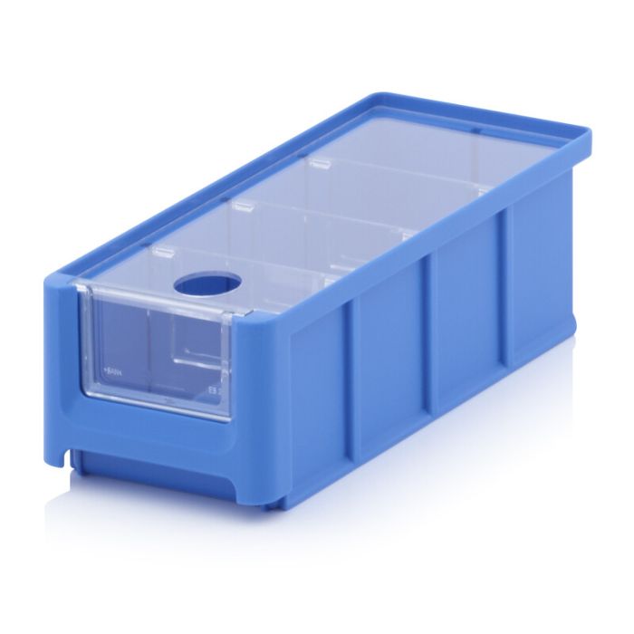 Blauw, Magazijnbak 21,5X10X7,5cm, inhoud 1,08 liter met insteekvenster, deksel en 3 verdeelschotten, NORAH Plastics