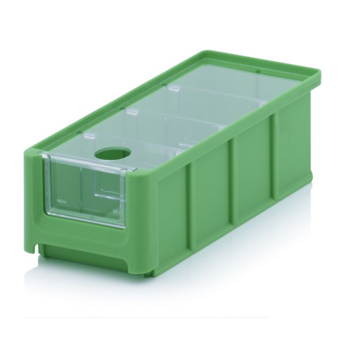 Magazijnbak 21,5X10X7,5cm, inhoud 1,08 liter met insteekvenster, deksel en 3 verdeelschotten, Groen, NORAH Plastics