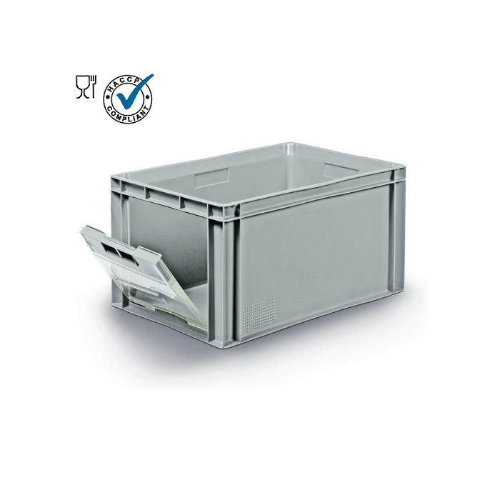 Magazijnbak 60x40x30cm, inhoud 56 liter met transparante scharnierklep en grote grijpopening, NORAH Plastics, Arnhem Magazijnbak 60x40x30cm, inhoud 56 liter met transparante scharnierklep en grote grijpopening, NORAH Plastics, Arnhem
