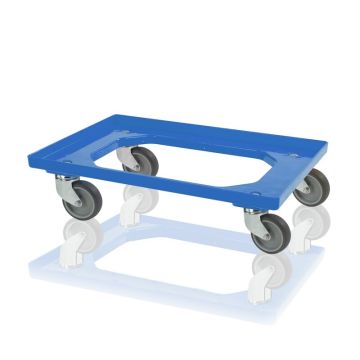 Dolly transportwagen, blauw. 4 zwenkgaffels, rubber loopvlak, NORAH Plastics