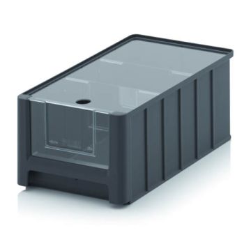 Magazijnbak 35x21x15cm, inhoud 8,6 liter met insteekvenster, deksel en 2 verdeelschotten, NORAH Plastics