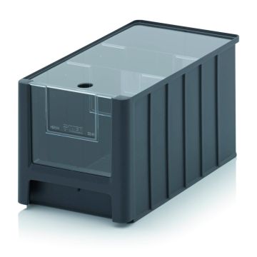 Magazijnbak 35x21x20cm, inhoud 11,7 liter met insteekvenster, deksel en 2 verdeelschotten, NORAH Plastics