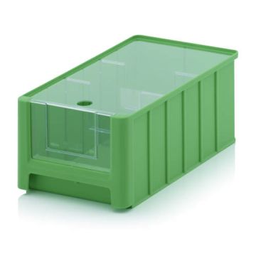 Magazijnbak met deksel, 35x21x15cm, inhoud 8,6 liter met insteekvenster, deksel en 2 verdeelschotten, NORAH Plastics