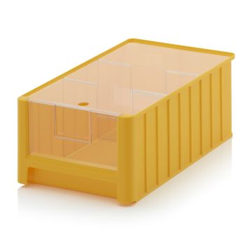 Kunststof Magazijnbak, Geel, 50x31x20cm, inhoud 25 liter met insteekvenster, deksel en 2 verdeelschotten