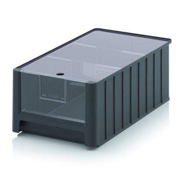 Zwarte magazijnbak 50x31x20cm, inhoud 25 liter met insteekvenster, deksel en 2 verdeelschotten, NORAH Plastics