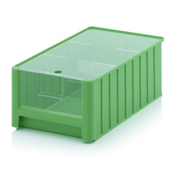 Magazijnbak, Groen, 50x31x20cm, inhoud 25 liter met insteekvenster, deksel en 2 verdeelschotten, NORAH Plastics