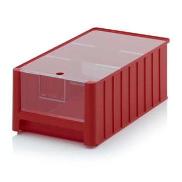 Magazijnbak, Rood, 50x31x20cm, inhoud 25 liter met insteekvenster, deksel en 2 verdeelschotten, NORAH PLastics
