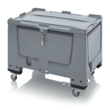 Verrijdbare palletbox met klapdeksel en slot, 120x80x79cm, 4 wielen, inhoud 535 liter, NORAH Plastics, Arnhem, Holland