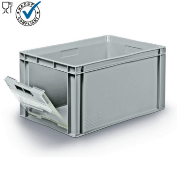 Magazijnbak 60x40x30cm, inhoud 56 liter met transparante scharnierklep en grote grijpopening, NORAH Plastics, Arnhem