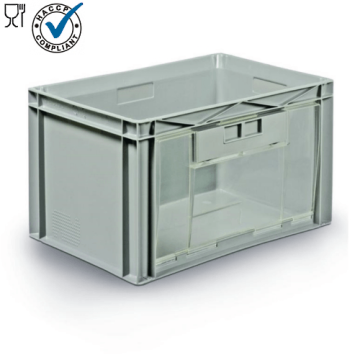 Magazijnbak 60x40x30cm, inhoud 56 liter met transparante scharnierklep en grote grijpopening, NORAH Plastics