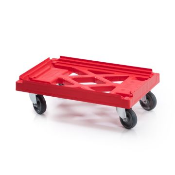 Transportroller met rooster, 4 zwenkgaffels en rubberen wielen, Rood, NORAH Plastics