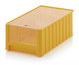 Kunststof Magazijnbak, Geel, 50x31x20cm, inhoud 25 liter met insteekvenster, deksel en 2 verdeelschotten