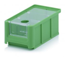 Magazijnbak 16X10,2X7,5cm, inhoud 0,77 liter met insteekvenster, deksel en 2 verdeelschotten, Groen, NORAH Plastics