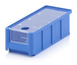 Blauw, Magazijnbak 21,5X10X7,5cm, inhoud 1,08 liter met insteekvenster, deksel en 3 verdeelschotten, NORAH Plastics