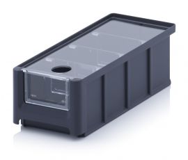 Magazijnbak 21,5X10X7,5cm, inhoud 1,08 liter met insteekvenster, deksel en 3 verdeelschotten, Zwart, NORAH Plastics
