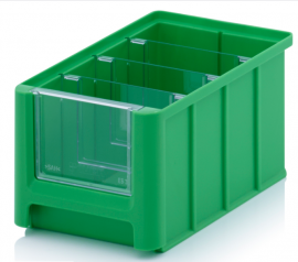 Magazijnbak 22,5x15x12,5cm, inhoud 3,17 liter met 3 dwarsverdeelschotten en insteekzichvenster