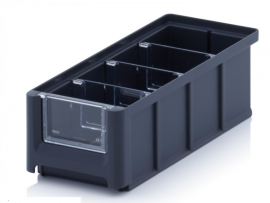 Magazijnbak 22x10,2x7,5cm, inhoud 1,08 liter met 3 dwarsverdeelschotten en insteekzichvenster