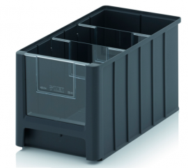 Magazijnbak 35x21x20cm, inhoud 11,7 liter met 2 dwarsverdeelschotten en insteekzichvenster