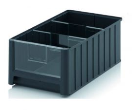 Magazijnbak 50x31x20cm, inhoud 25 liter met 2 dwarsverdeelschotten en insteekzichvenster