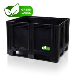 Zwarte palletbox 120x100x78cm, 3 sleeplatten, inhoud 610 liter, Green Label, RE-HDPE, NORAH Plastics
