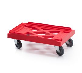 Transportroller met rooster, 4 zwenkgaffels en rubberen wielen, Rood, NORAH Plastics
